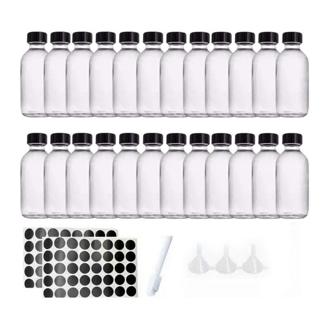 Botella de muestra transparente, compacta, versátil, redonda, de vidrio, pequeña. 24 piezas de 2 oz