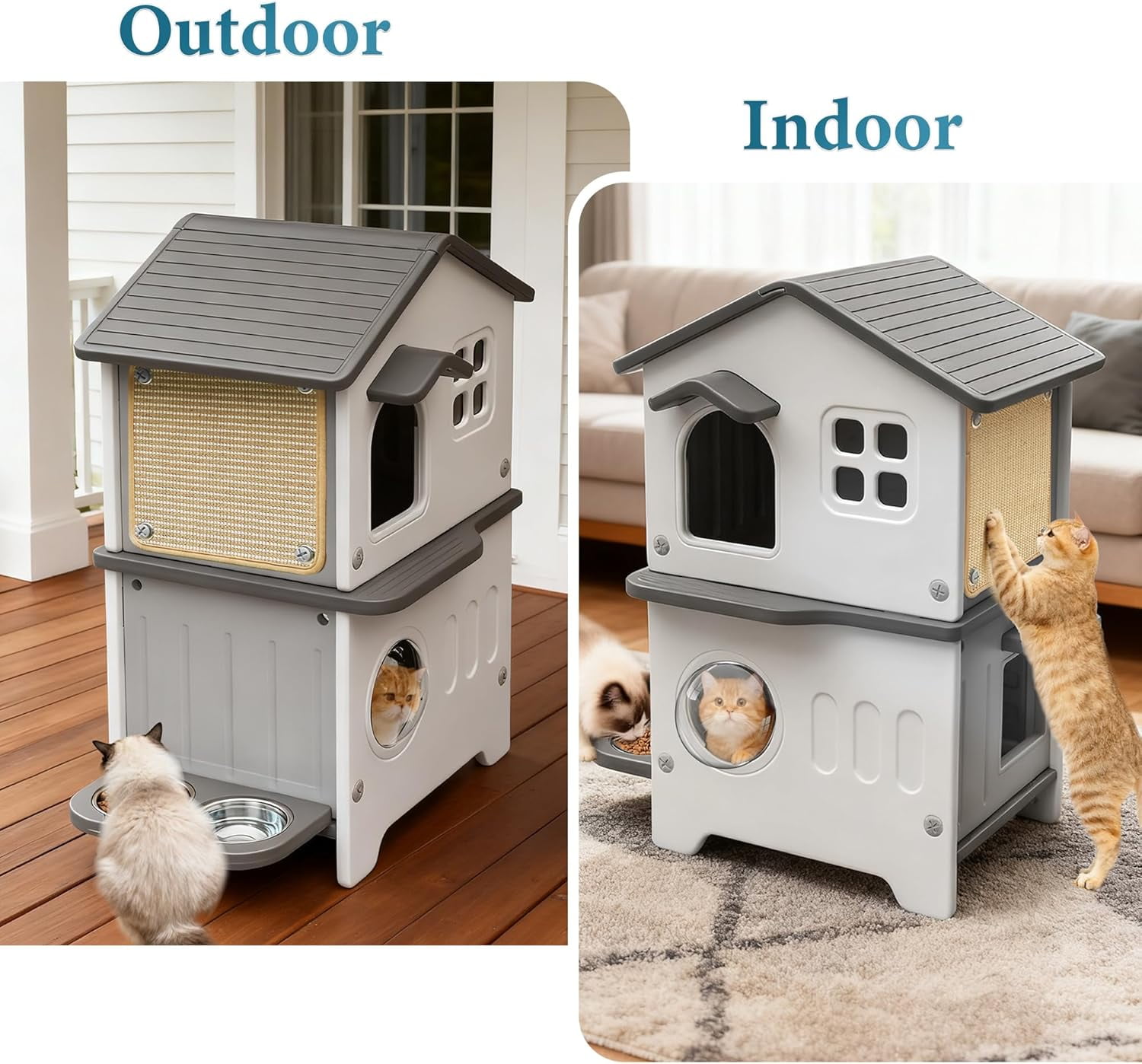 Outdoor Cat House, 2-Story Waterproof Cat House for Outdoor Cats with Escape Door, Elevated Feral Cat House Indoor, Sturdy Stainless Steel Bowl & Scratching Post, Clean Easily