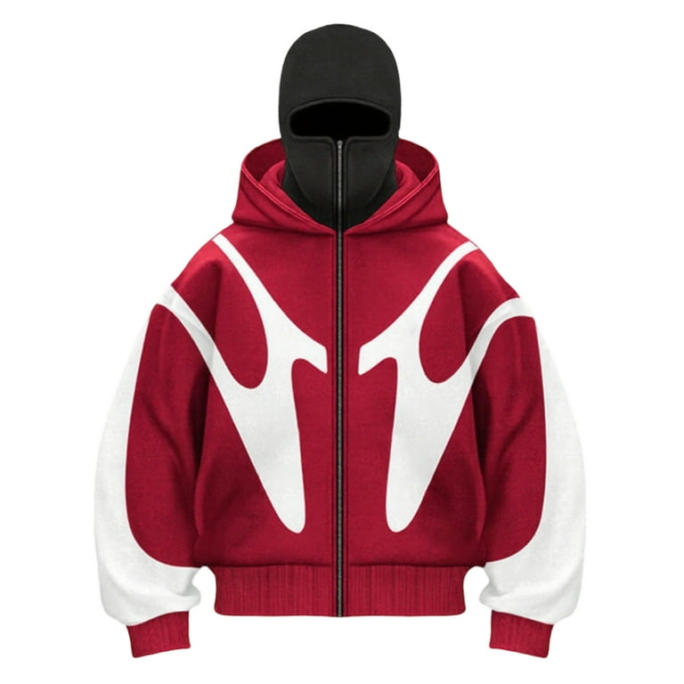 Domuza Balaclava Hoodie Men Double Layer Hooded Full Zip Windproof Jacket with Eye Mask Fall Winter Thermal Stylish Y2k Outerwear Red M