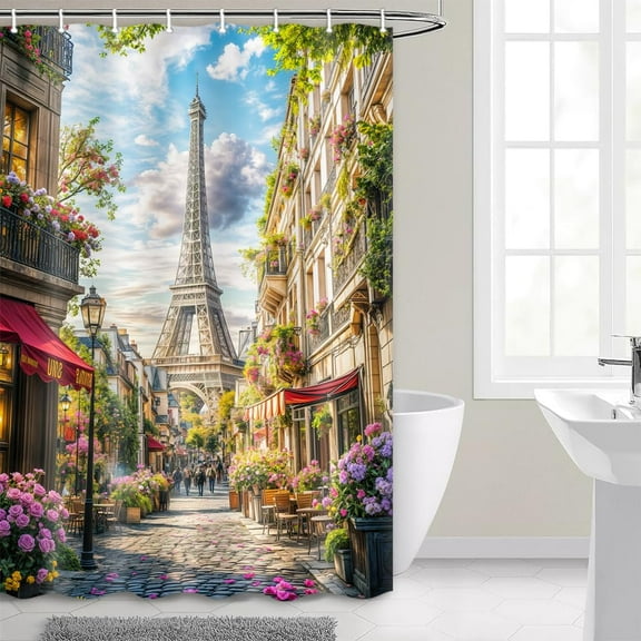 Paris Eiffel Tower Shower Curtain European Ancient Architecture Pink Flower Nature Spring Floral Street Town Retro City Landscape Waterproof Polyester Fabric Bathroom Curtain Sets 36X72 in