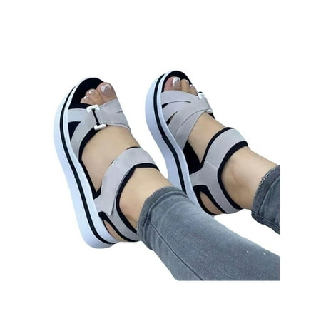 

UKAP Women Wedge Sandals Ankle Strap Platform Sandal Summer Casual Shoes Anti-Slip Women s Beach Lightweight Gray 8