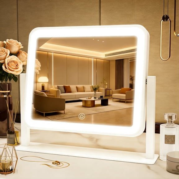 Kisportee LED Vanity Mirror with Lights, Dimmable 3 Color Modes, 3600-6000K Lighted Makeup Mirror with Aluminum Frame, USB Charging Port, Memory Function, for Bedroom Desk Tabletop Wall Mount