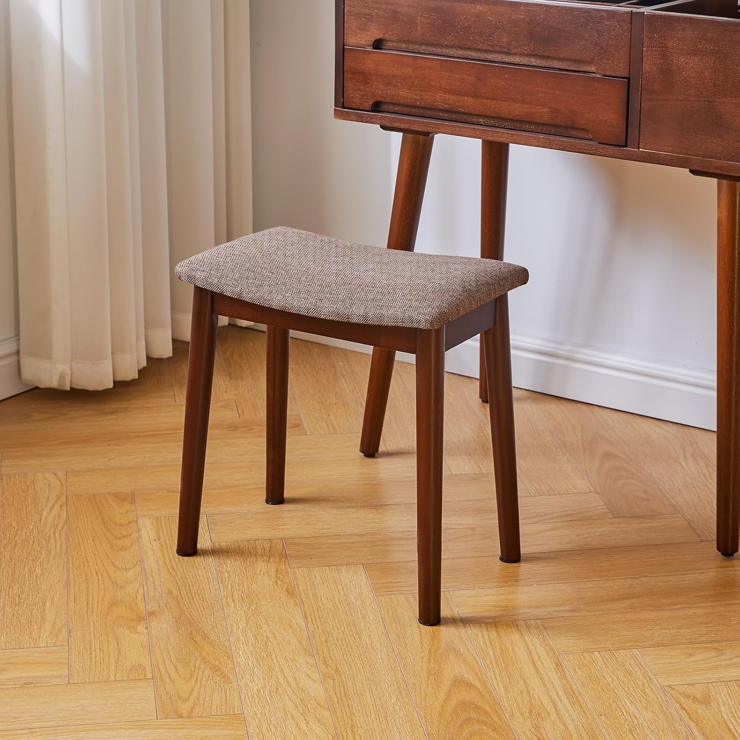 Vanity Stool with Saddle Cushion,Modern Foot Stool Ottoman Piano Bench,Foot Rest Stool with Solid Wood Legs, Small Upholstered Bench for Bedroom, Entryway,Beige