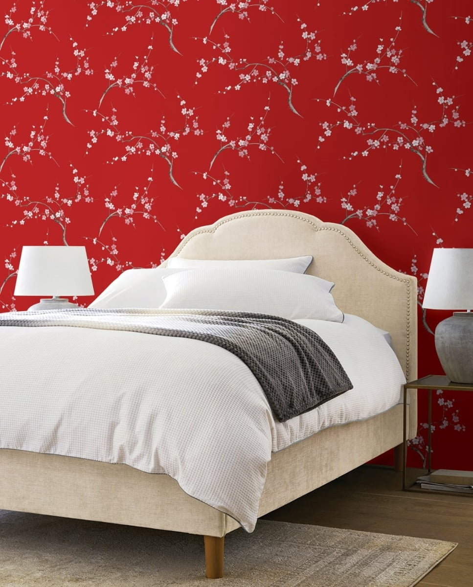 NextWall Scarlet & Petal Pink Cherry Blossom Floral Peel and Stick Wallpaper