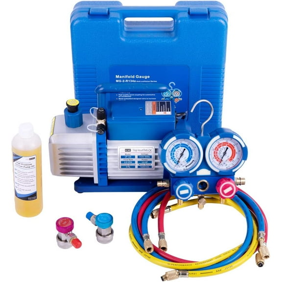 SPECSTAR110V 1/4 HP 3.5 CFM Single Stage Rotary Vane Air Vacuum Pump and R134a AC Manifold Gauge Set Kit for HVAC Air Conditioning Refrigeration Recharging ETL Listed