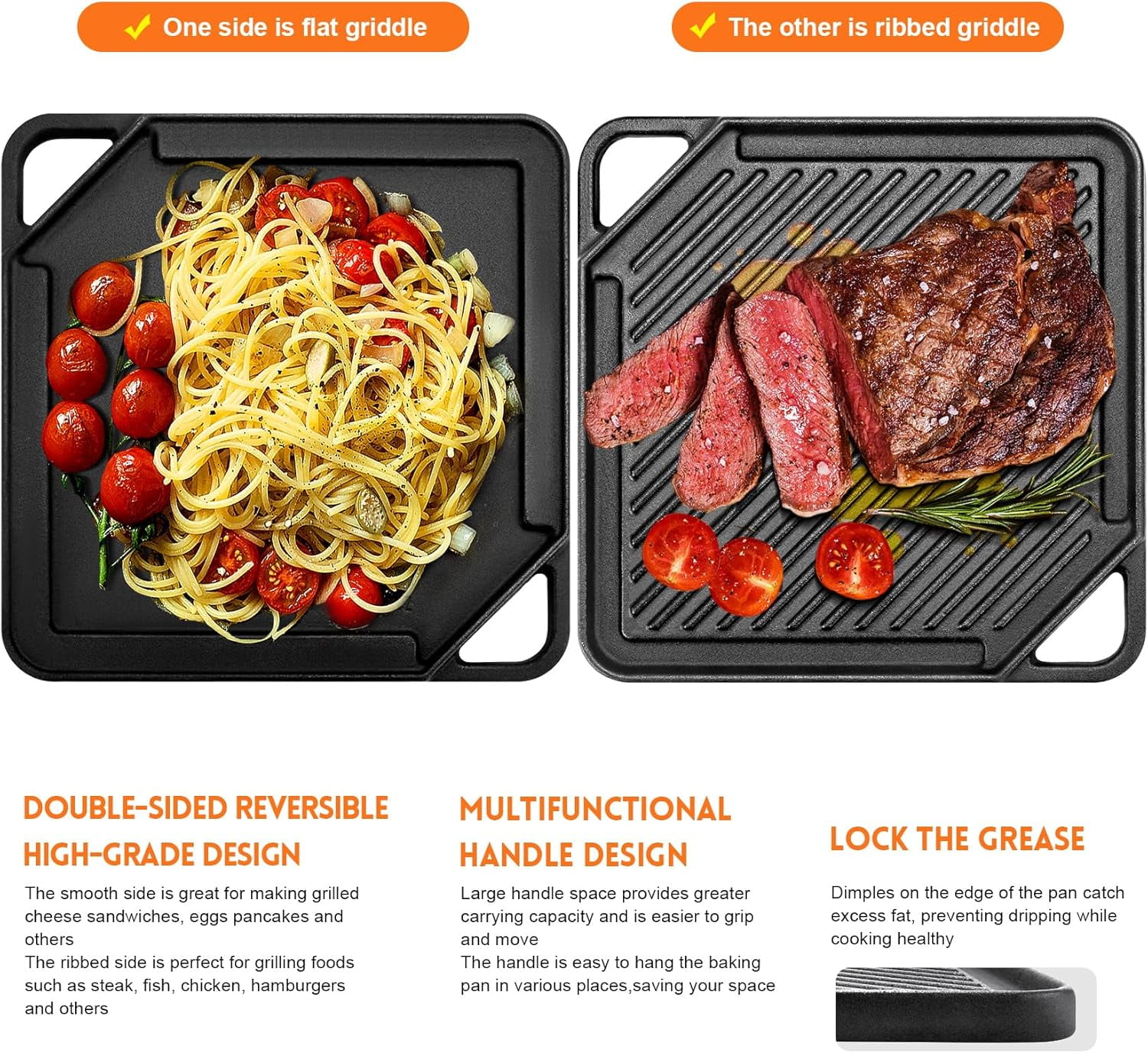 Cast Iron Reversible Griddle, 10x10 Square Baking Flat and Ribbed Griddle Plate for Gas Grills and Stove Tops