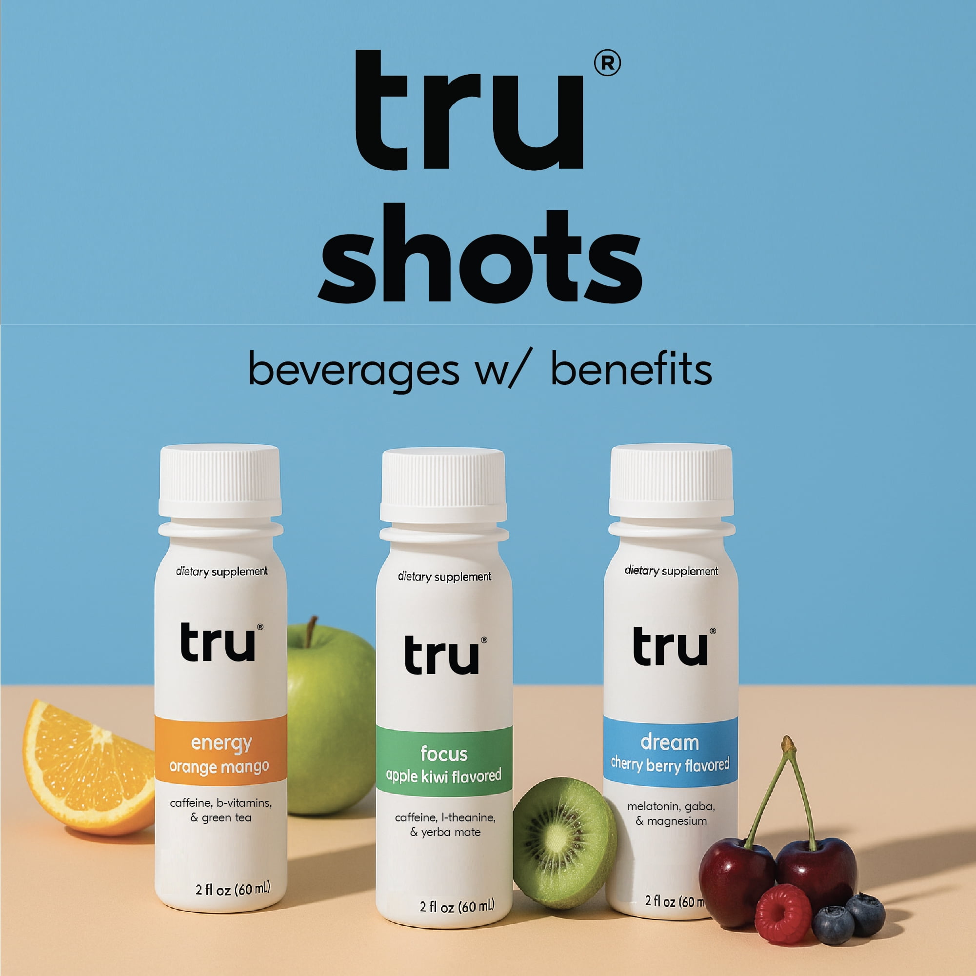 Tru Focus Wellness Shot Apple Kiwi Flavored Energy Drink 12 Pack 2 oz
