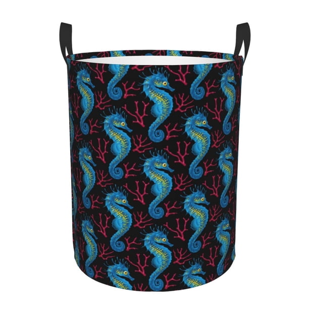 Fotbe Blue Seahorse Cesto de Ropa con Asas, Cesto Impermeable de Gran Capacidad, Bolsa de Lavado para Dormitorio, Cesto de Ropa con Ruedas y Asas-Small