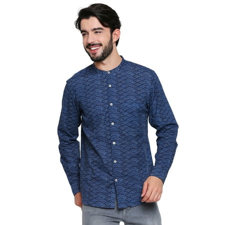 Mandarin Collar Shirt - Shatranj Men's Pure Cotton Mandarin Collar Textured Printed Button Down Shirt