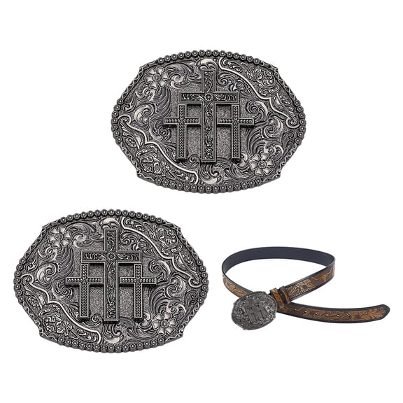 2 Pcs Western Belt Buckles Gunmetal Alloy Western Vintage Oval Belts Buckle for Rodeo Cowboy Cowgirl Religious Faith Button