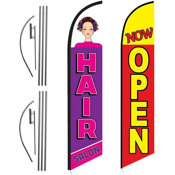 FFN Hair Salon and Yellow Now Open 15ft Outdoor Advertising Feather Swooper Banner Flag Kit Sign with Ground Stake & Flagpole, Open Signs for Hair Salons