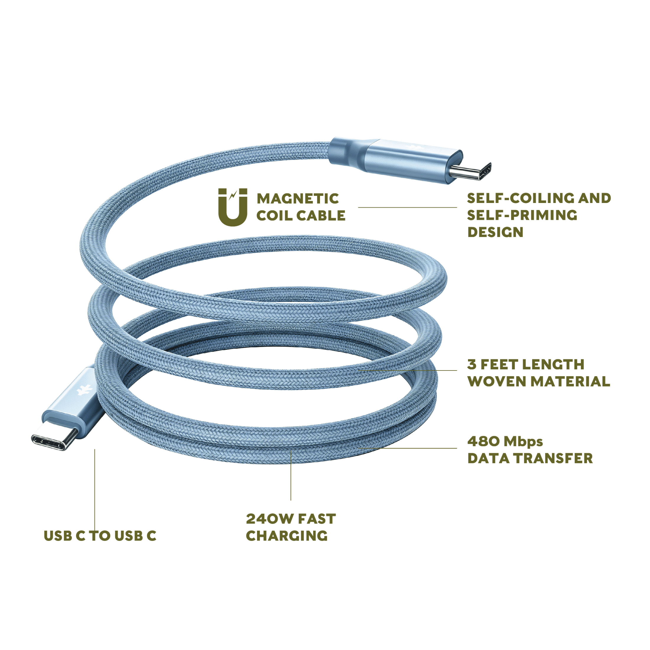Swiss Tech Kabel M240 3 ft 240W Magnetic Self-Coiling USB-C Charging Cable, Cresta Blue