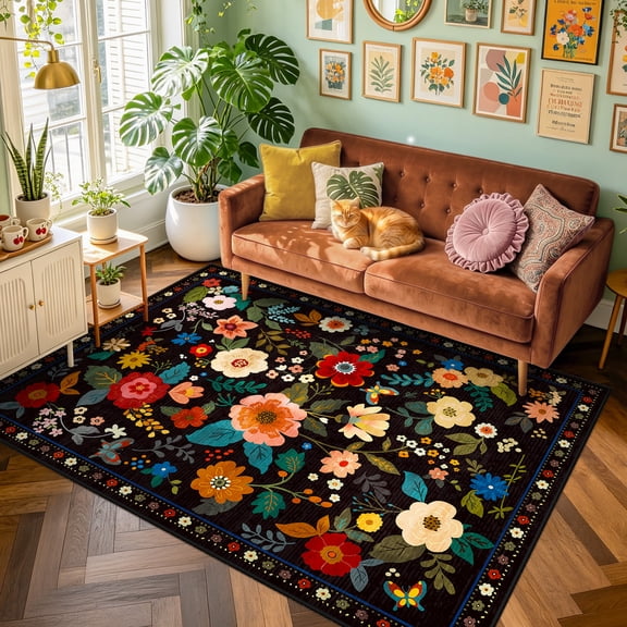KoshiMe 5'x7' Floral Area Rug, Machine Washable Non-Slip Soft Low Pile Stain-Resistant Boho Flower Indoor Rug for Living Room Bedroom Dining Room, Black