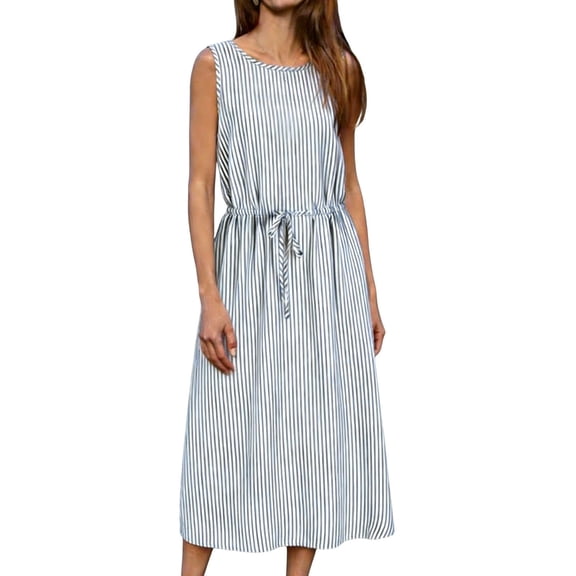 Gamivast Womens Summer Dresses Sleeveless Vertical Stripe Tank Dress Drawstring Waist Casual Dress Midi Length Holiday Beach Vacation Daily Playwear