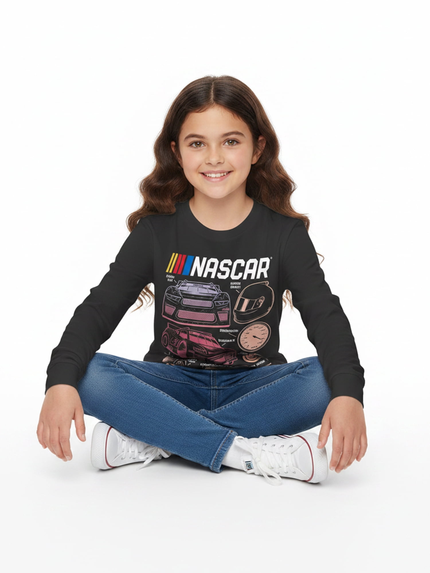 Wonder Nation Girls Graphic NASCAR Tee with Long Sleeves, Sizes 4–18