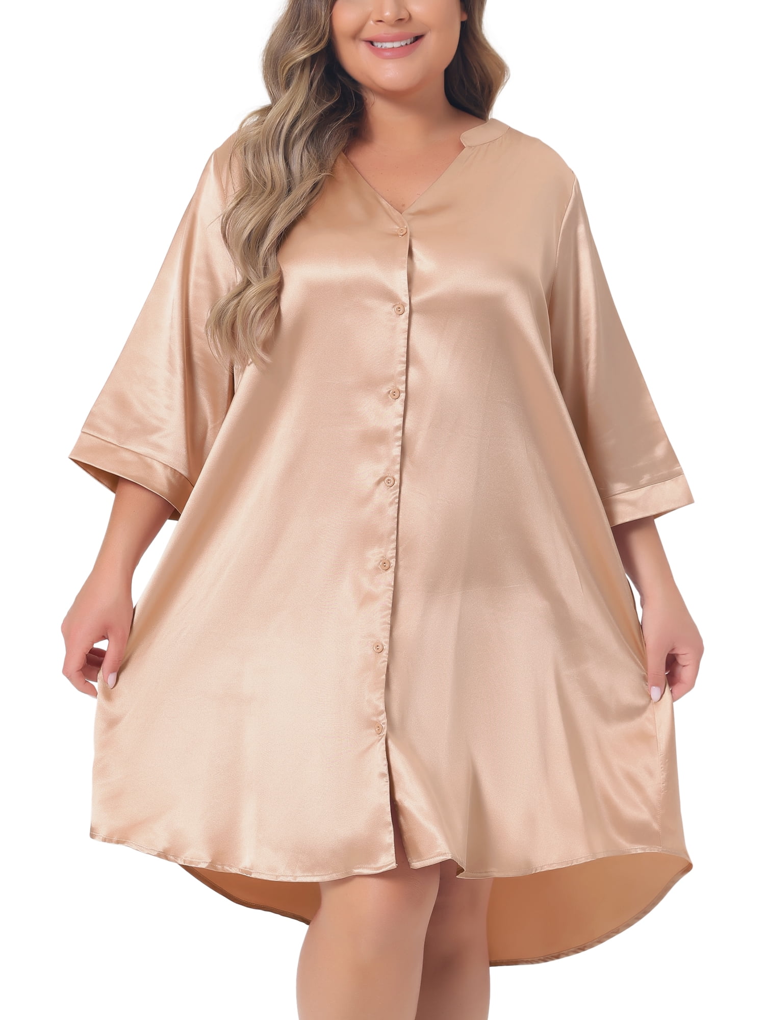DARING DIVA Women's Plus Nightshirt Satin Button Down 3/4 Sleeve Nightgown 1X Champagne