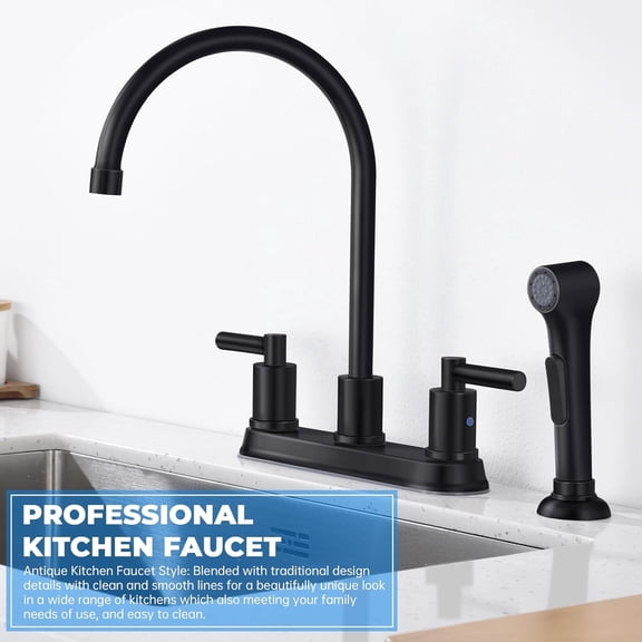 Matte Black 8 inch Kitchen Faucet with Side Sprayer for RV Laundry Utility Bar, Stainless Steel High Arc 2 Handle Kitchen Faucet with 24 inch Pull Out Pause Sprayer 4-Hole Installation