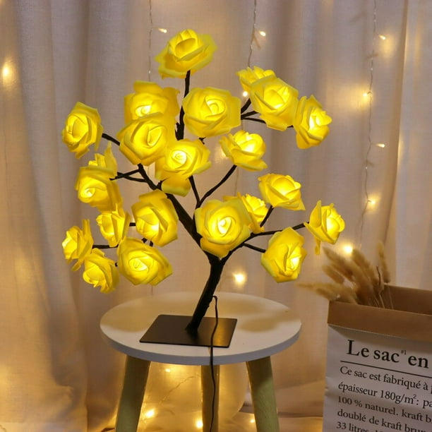 Luces LED de árbol de flores rosas, lámpara de mesa USB, luz nocturna de hoja de arce de hadas, fiesta en casa, Navidad, boda, decoración de dormitorio, regalo, 24 LED