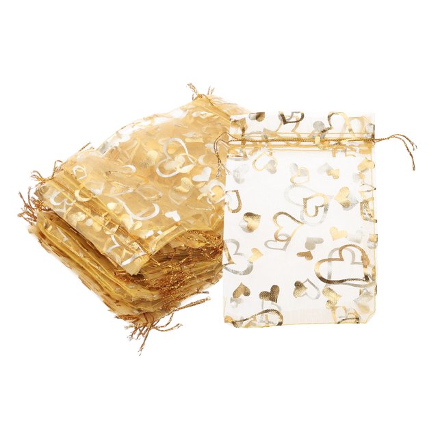 100 Pcs 4x6 Pulgadas Bolsas de Organza Impresas con Corazones, Bolsas de Organza Doradas Transparentes con Cordón para Regalos de Favor de Dulces