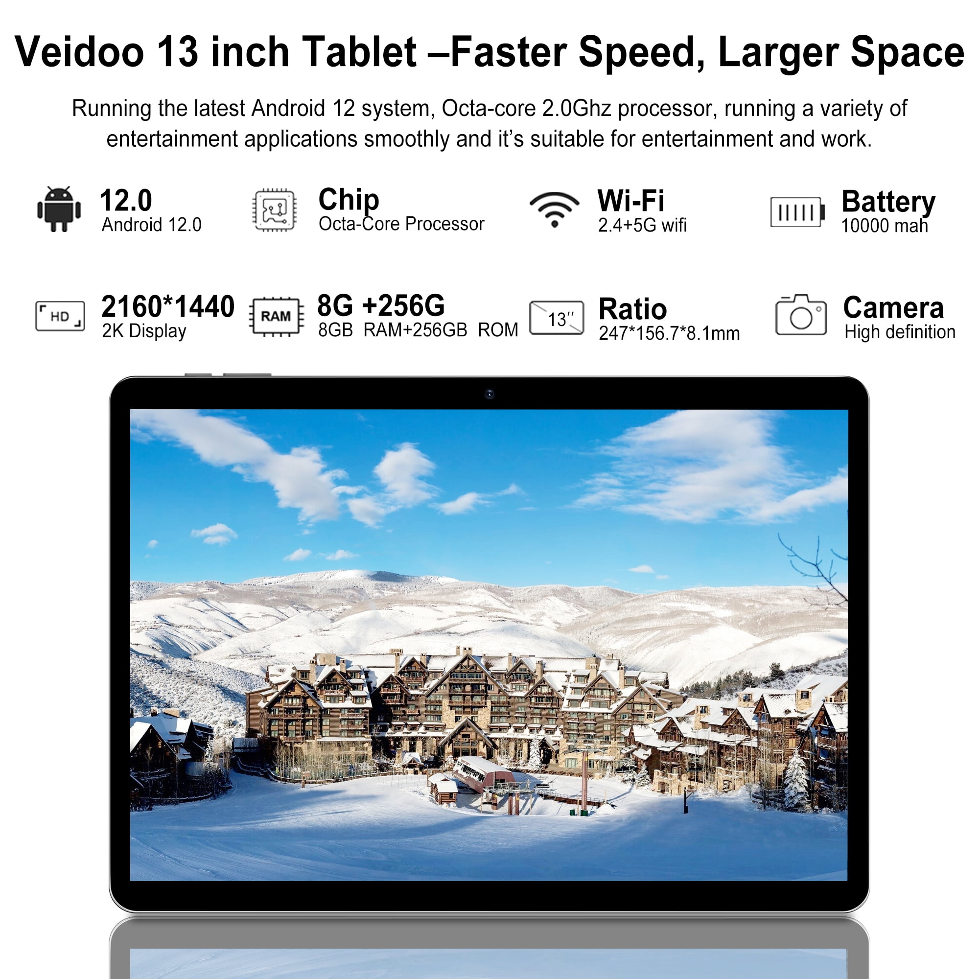 Veidoo 13 Inch Android Tablet, 2K 2160x1440 FHD Screen