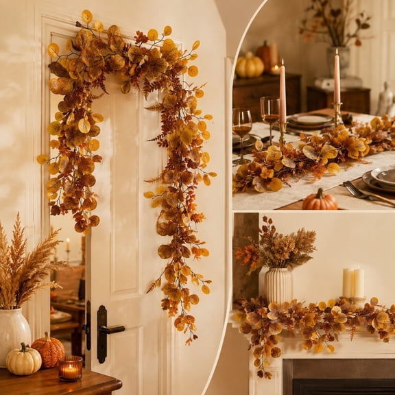 Artificial Maple Leaf Garland, Fall Hanging Vines Decoration, Autumn Eucalyptus Leaf Rattan, Halloween Thanksgiving Home Decor, Fireplace Door Arch Ornament