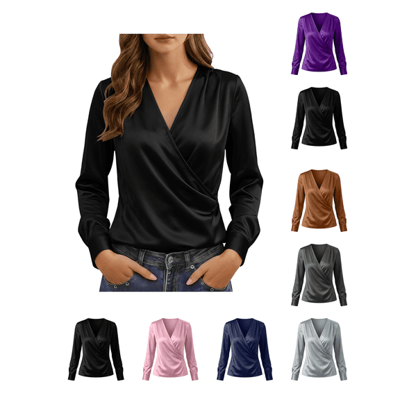 Zynoxe Long Sleeve Shirts for Women Lightweight Smooth Satin Womens Tops Fashion Versatile Solid Color V Neck Shirt Top Elegant Wrap Front Casual Blouse Business Casual Outfits S