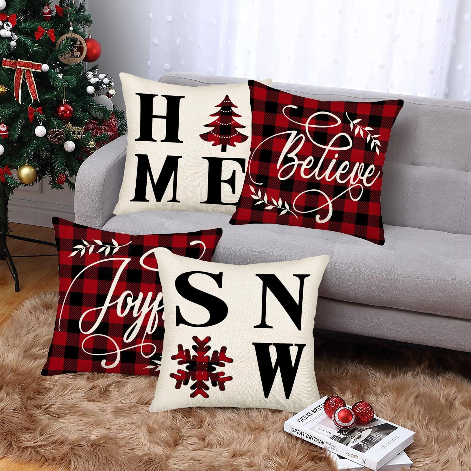 Merry Christmas Snow Home Pillow Cover Red Black Buffalo Plaid Believe Joyful Xmas Tree Snowflake Winter Christmas Farmhouse Decorative Throw Pillow Covers 16x16 Inch Set of 4 Cushion Case