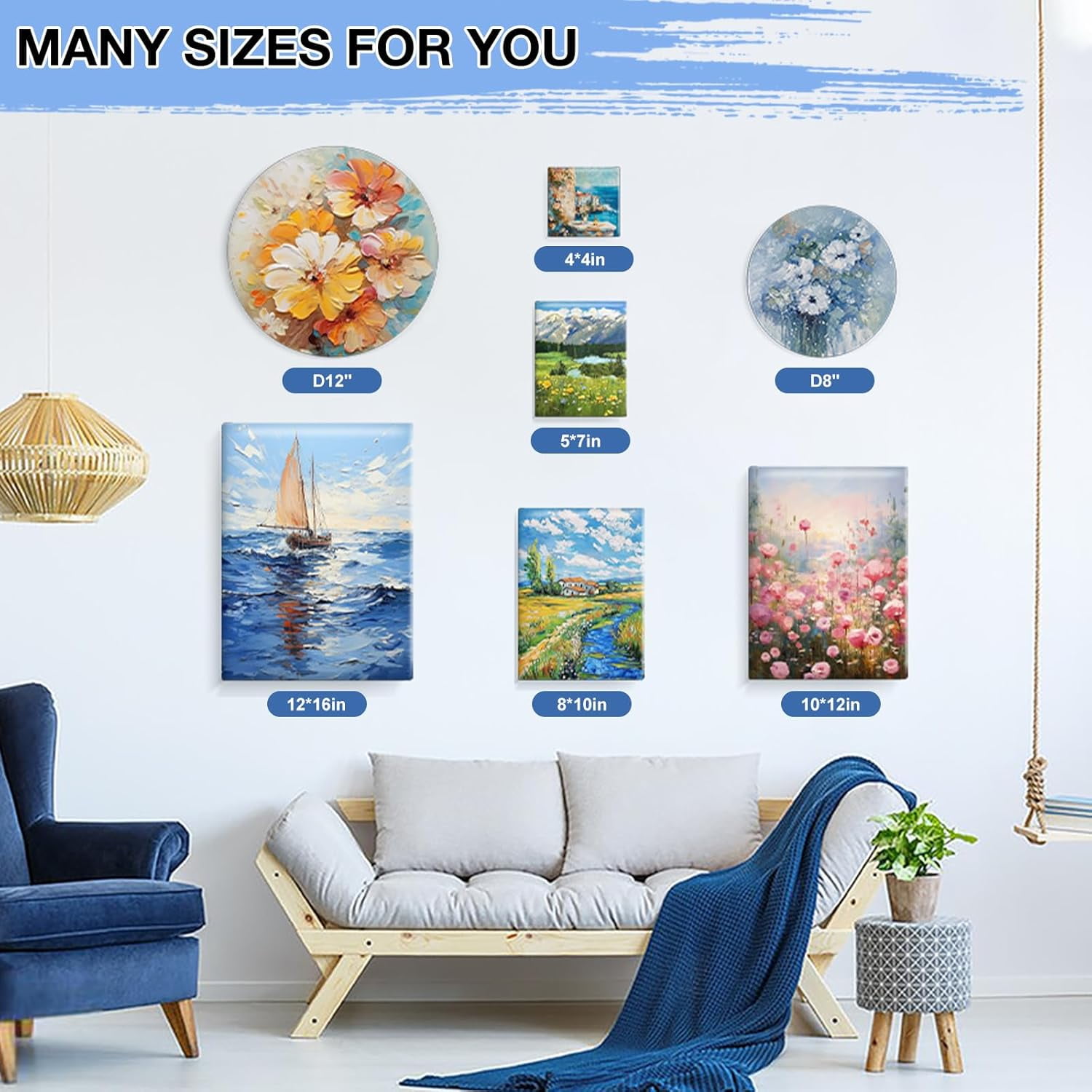 12 Pack Stretched Canvas for Painting, 4x4, 5x7, 8x10, 10x12, 12x16(2 of Each), Round Canvas with 8x8, 12x12(1 of Each), Blank Canvases Primed Paint Canvas for Beginners, Artists
