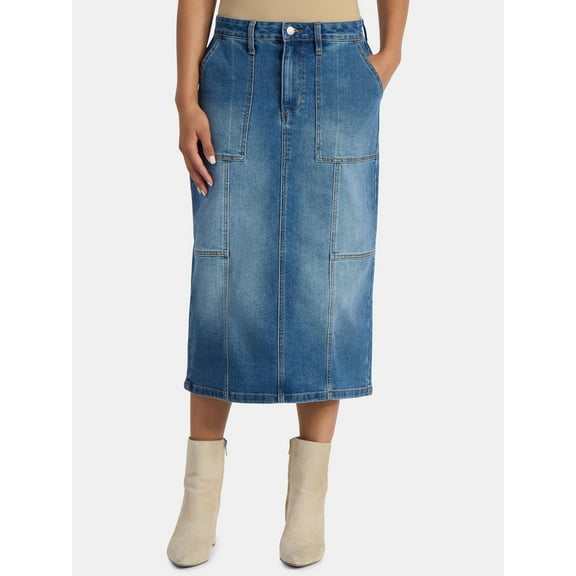 Time and Tru Women's Denim Midi Utility Skirt, Sizes 0-20