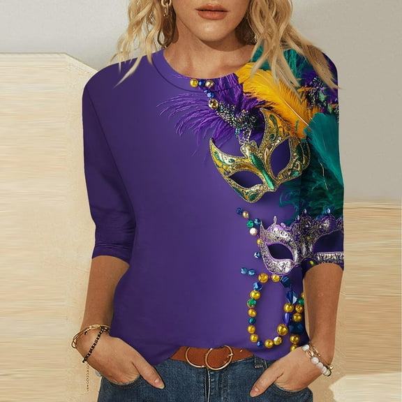 Cavosen Carnival Day Womens 3/4 Length Sleeve Tops Crew Neck Festival Mardi Gras Tops Mask Graphic Print Shirts Holiday Trendy Blouse Dressy Athletic T-Shirts Party Shrove Tuesday Blue S