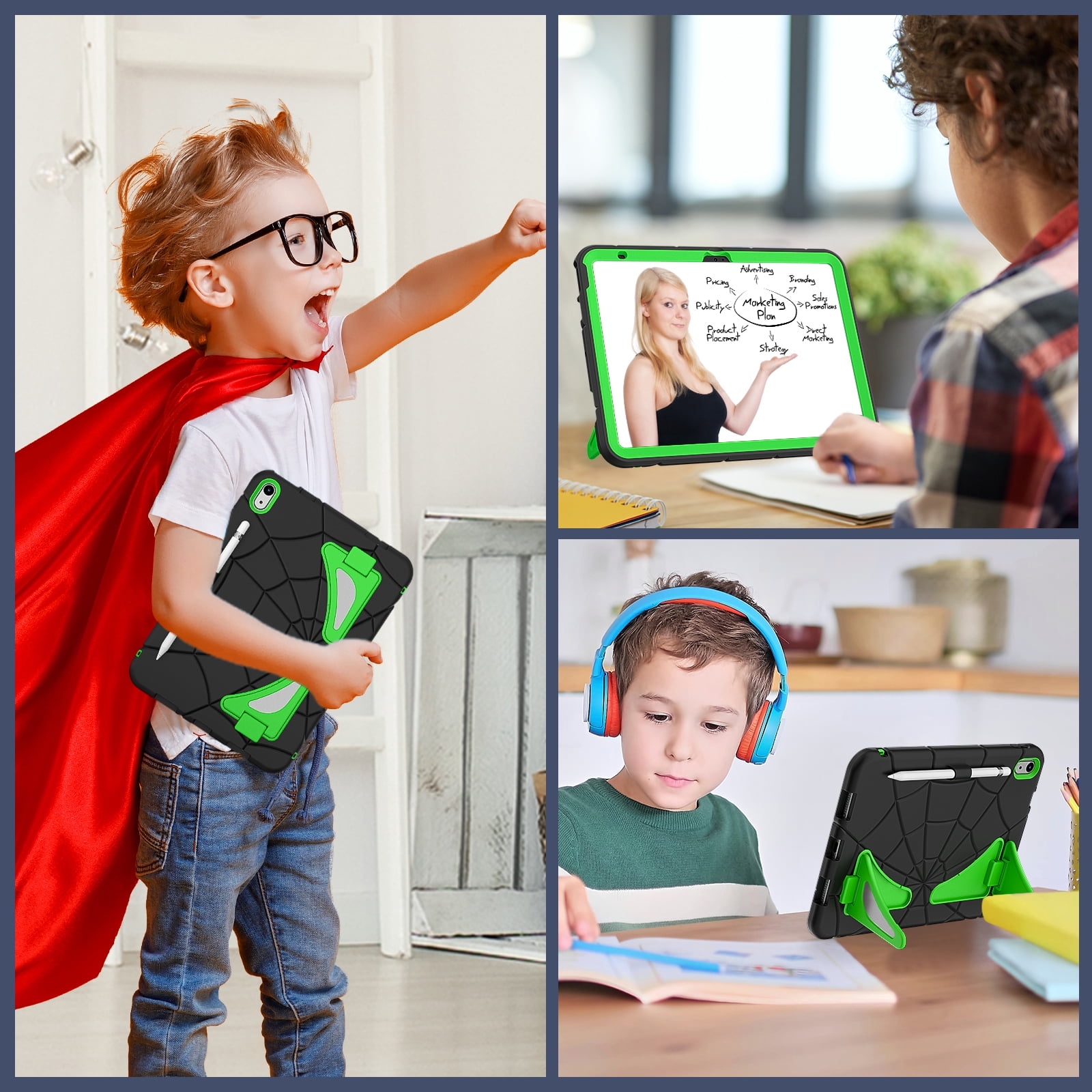 ELEHOLD Case For Apple iPad 11th(A16) 2025, Heavy Duty Shockproof Pencil Holder Foldable Kickstand Rugged Protective Cover Boys Children For iPad 11th 2025, Black+Green