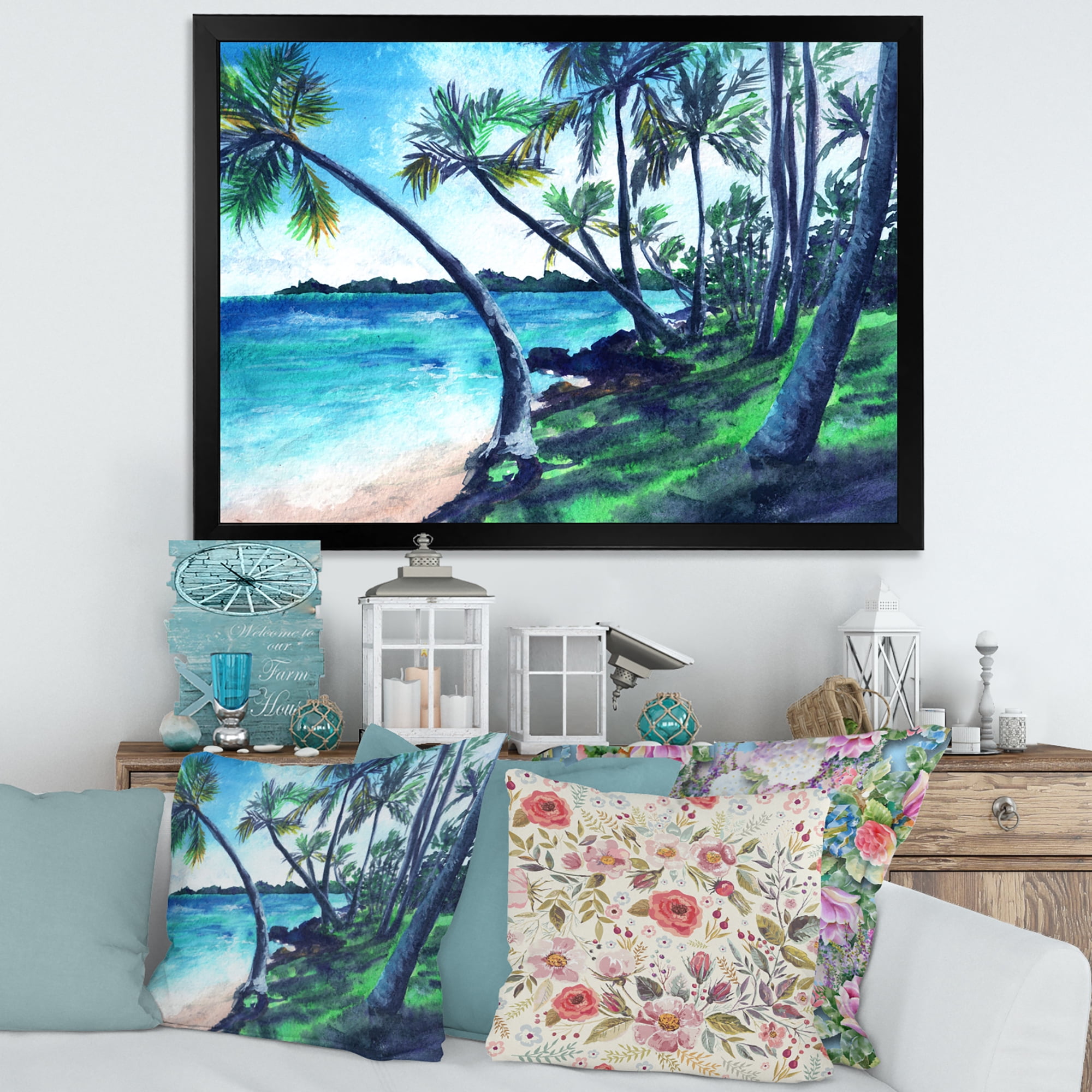 Designart 'Tropical Beach In Summer Paradise With Palm Trees' Nautical & Coastal Framed Art Print