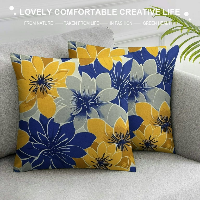 Fenyluxe Mustard Yellow Navy Blue Grey Pillow Covers Dahlia Floral Decorative Throw Pillows For Couch Geometry Flowers Modern Pillow Cases Home Decor For Sofa Couch Porch Patio Outdoor White Walmart.c...