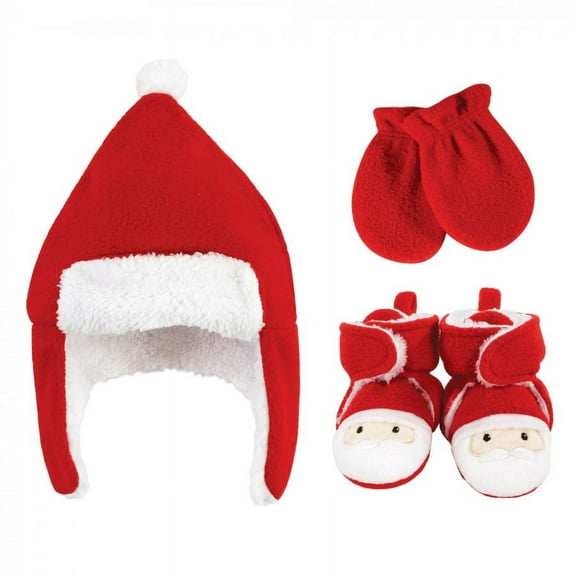 Hudson Baby Unisex Baby Trapper Hat, Mitten and Bootie Set, Santa, 0-6 Months