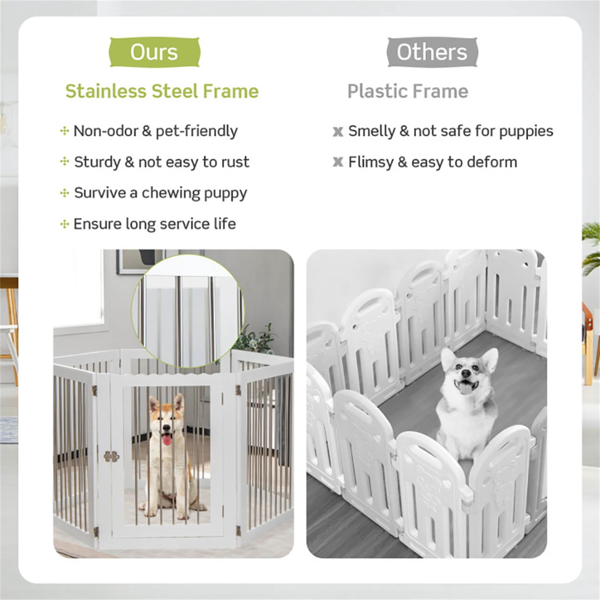 Pefilos 144" Folding Pet Gate with 4pcs Support, Wood 6-Panel Dog Gate for Stairs, Freestanding Pet Playpen Puppy Safety Fence, White