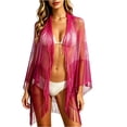 thumbnail image 3 of Hesxuno Mesh Summer Cardigans for Women Longline Beach Open Front Cover Up Fringe Boho Casual Kimono Cardigan Swimwear Bikini Coverup Red Free Size, 3 of 7