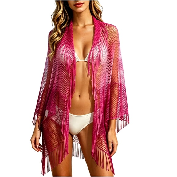 Women’s Crochet Kimono Shawl Cover Up Fringe Beach Swimwear Lightweight Boho Cardigan Vacation Swimsuit Cover-ups Red Free Size