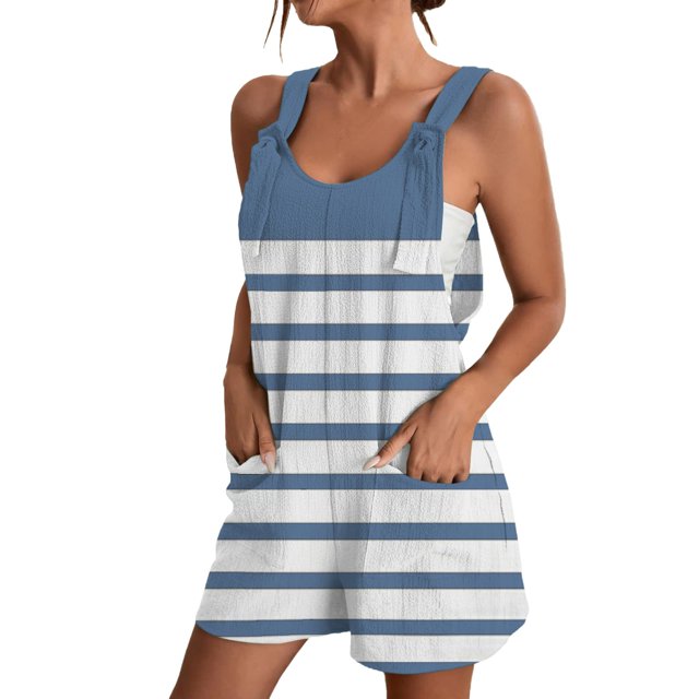 Fadeal Womens Rompers for Summer Women's Spring Round Neck Patchwork Color Block Loose Casual Jumpsuit Short Overalls Women Blue L