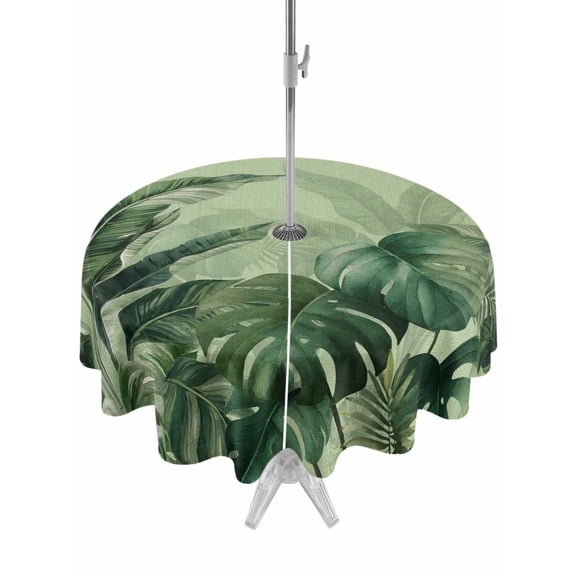 Outdoor Tablecloths with Umbrella Hole & Zipper, Palm Leaves Tropical Round Tablecloth 54 Inch, Green Botanical Summer Green Ombre Waterproof Table Cloth, Patio/Pool/Picnic Table Covers