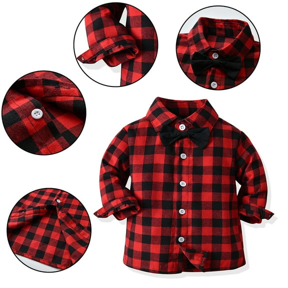 Godderr Kids Toddler Boys 2Pcs Christmas Outfit,Newborn Boys Plaid Cotton Shirt Gentleman Suit Set Bow Tie Suspenders Set 3Months-6 Years