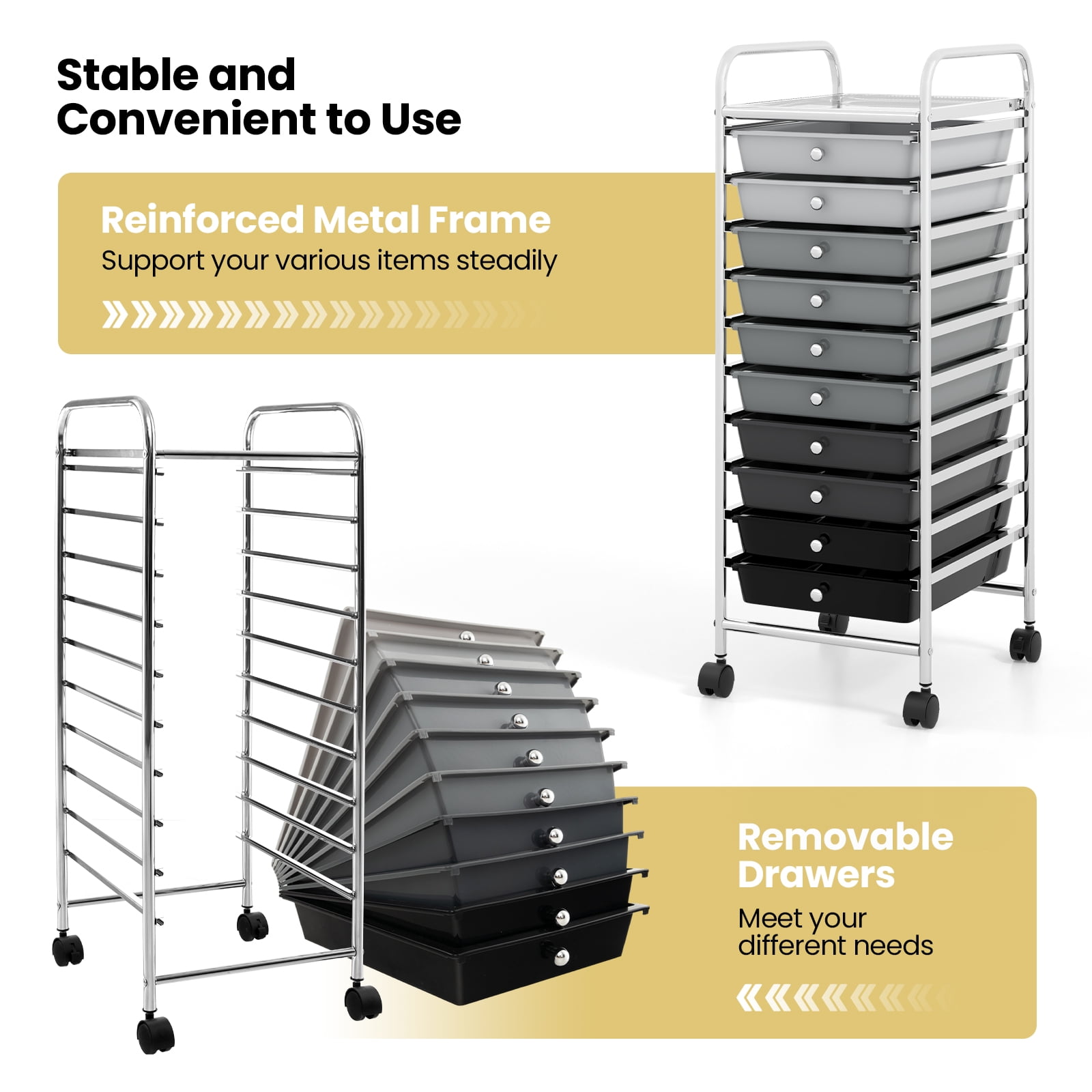 Costway Art & Craft Storage Carts with 10 Removable Drawers Mental Frame & 4 Wheels Gradient Black
