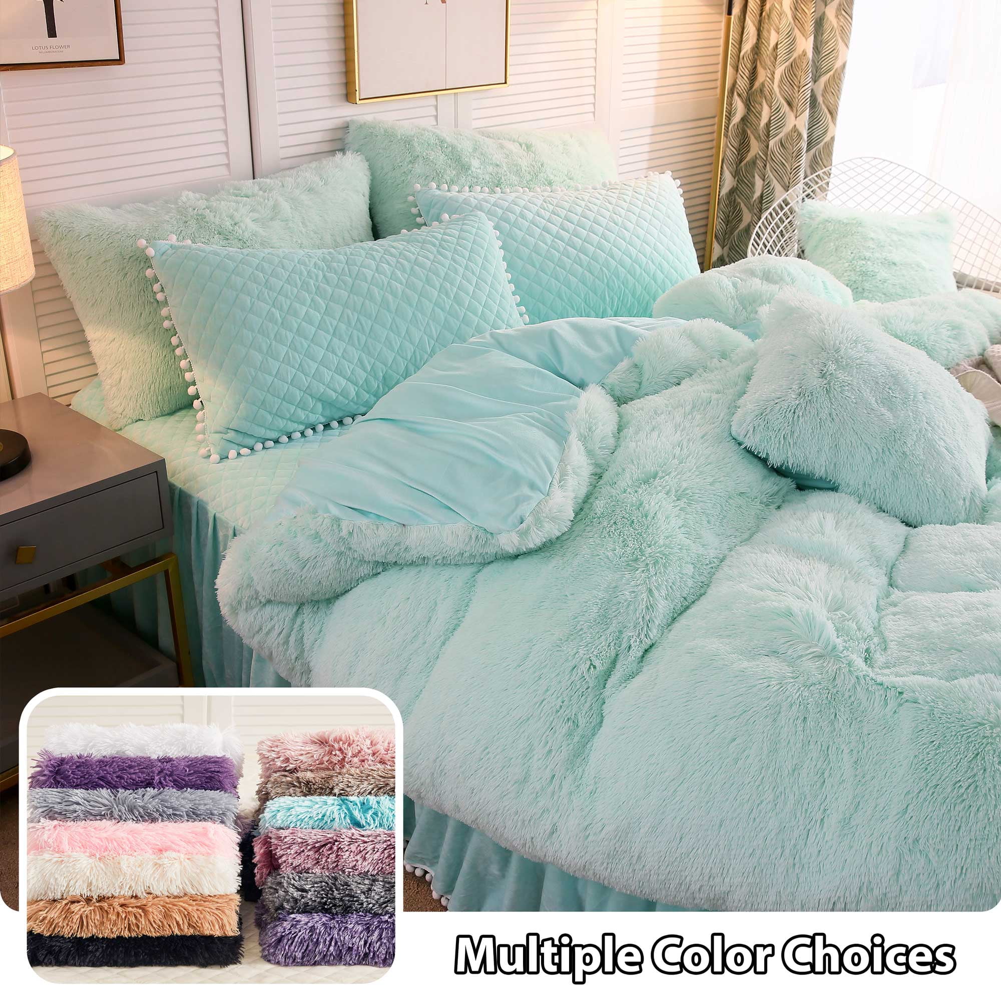 LIFEREVO 2 Pieces Luxury Plush Shaggy Faux Fur Duvet Cover Set(1 Fluffy Fuzzy Comforter Cover + 1 Pompoms Fringe Quilted Pillow Shams), Zipper Closure, Twin Size, Aqua