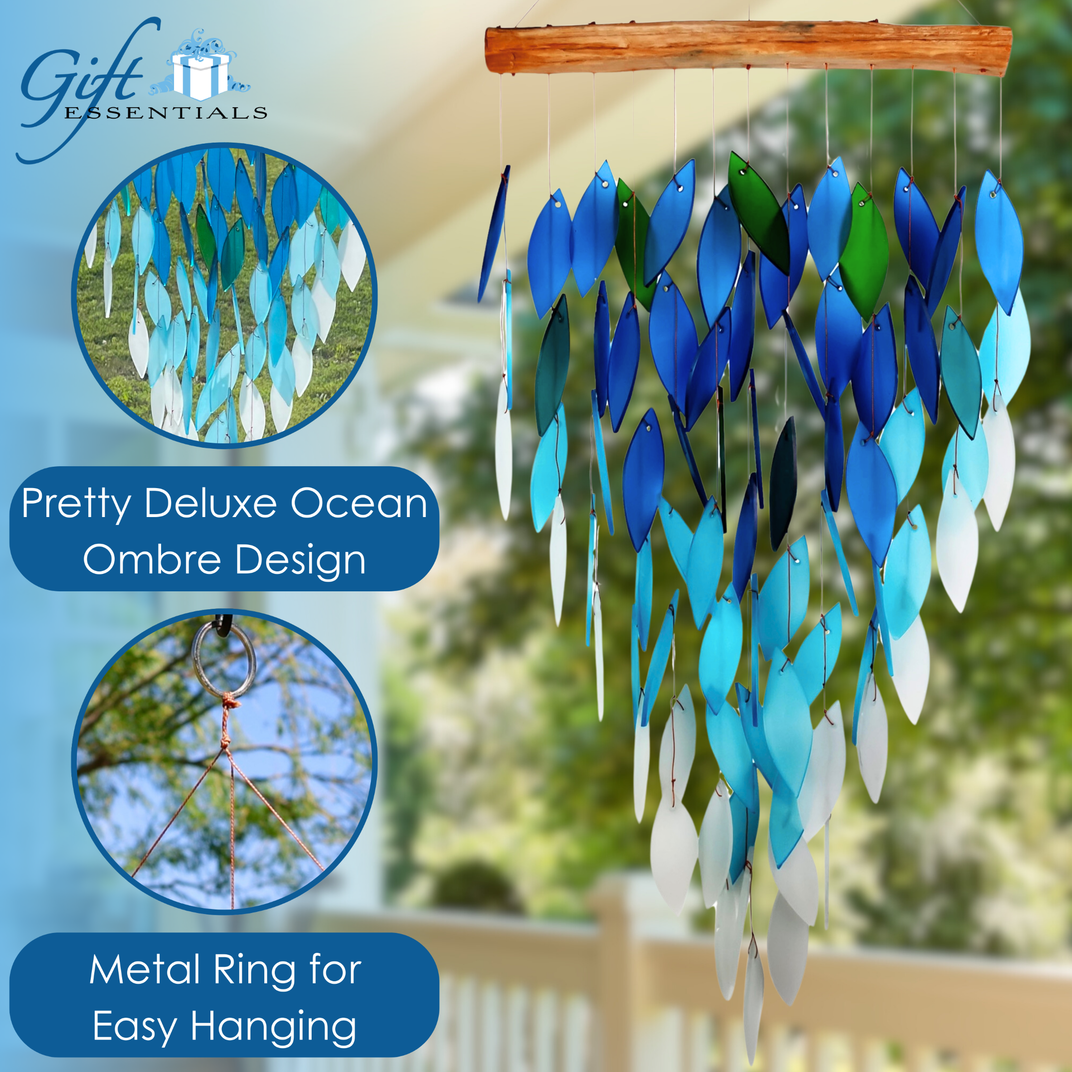 Blue Handworks Glass Wind Chime Deluxe Ocean Waterfall Wind Chimes for Outdoors 31.5in x 11in