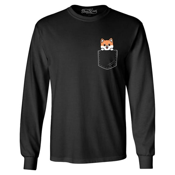 Shop4Ever Men's Funny Corgi Pocket Size Dog Lovers Long Sleeve Shirt Medium Black