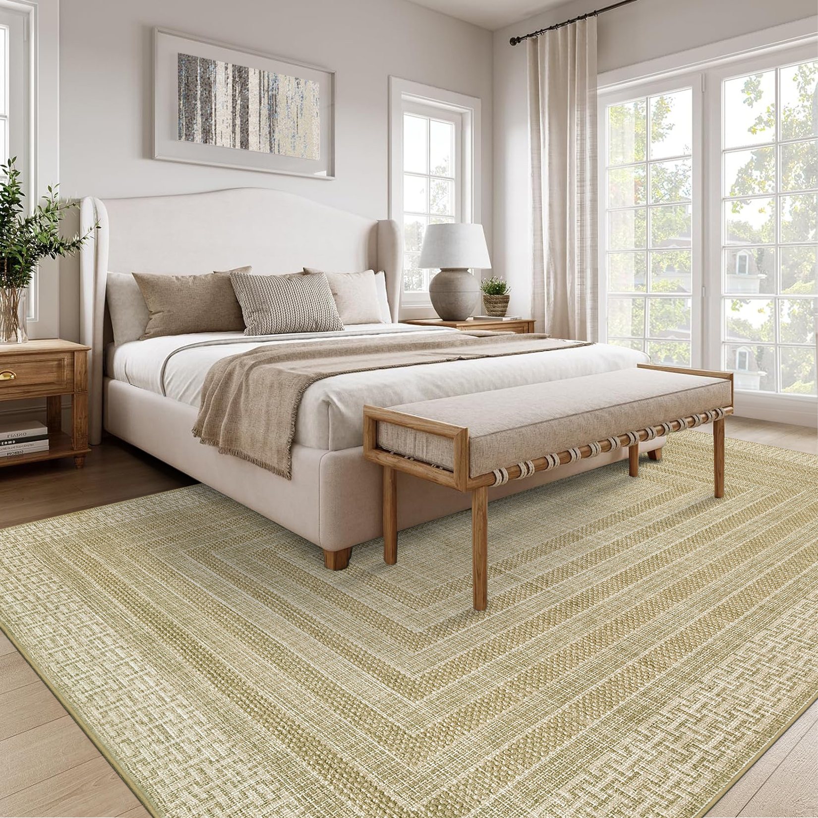 Garvee 9'x12' Geometric Bordered Area Rug Contemporary Indoor Carpet, Washable Rug Non Slip Low Pile Rug for Living Room Bedroom Dining Room, Camel