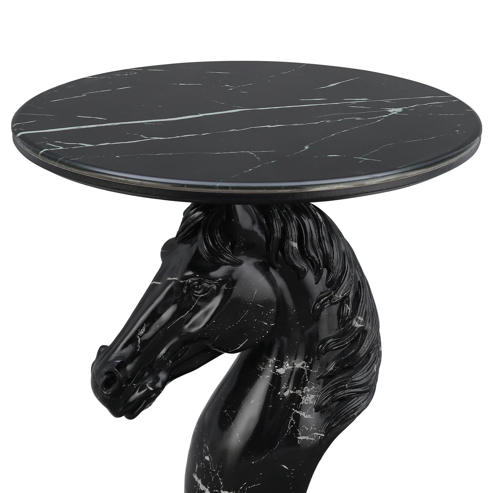 Horse Head Accent Table, Animal Statue End Table with Faux Marble Top, Resin Sculpture Side Table for Living Room, Office, Equestrian Themed Decor, Black