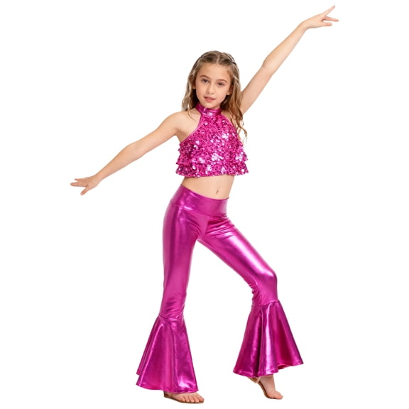 TTAO Kids Girls Disco Dance Outfit Sequin Crop Top with Metallic Bell Bottom Pants Hip Hop Jazz Dancewear Hot Pink 12