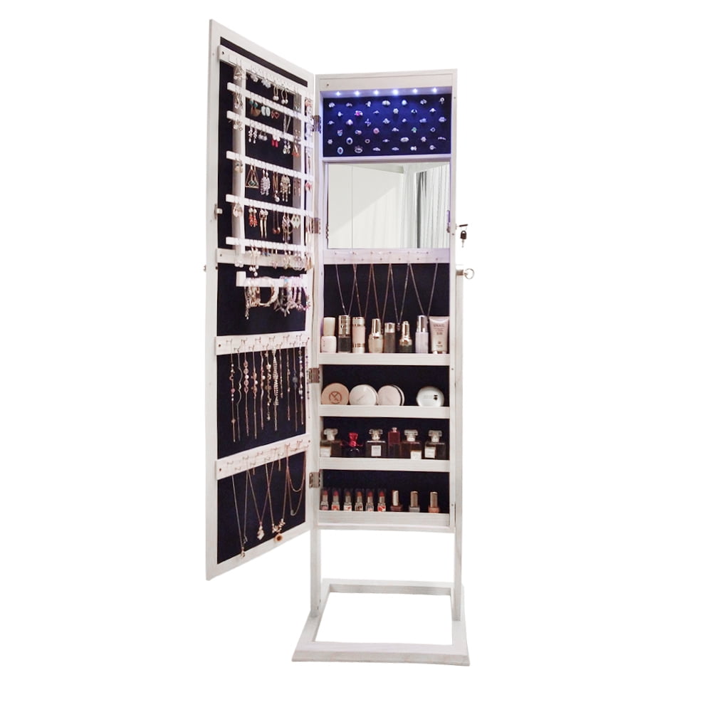 Wood Grain Square Jewelry Storage, Dressing Mirror Cabinet with LED Light, White