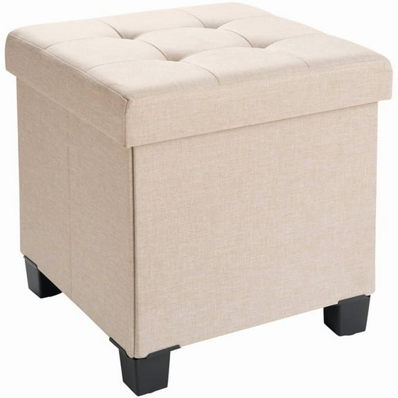 Ornavo Home 15 Inch Folding Storage Ottoman with Storage, Square Cube Linen Small Storage Ottoman Foot Rest Stool with Legs
