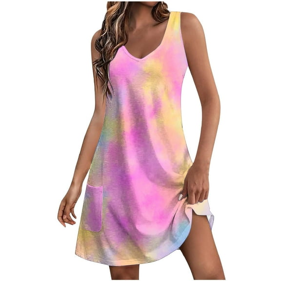 MIUOWANP Women's Casual Printed Sleeve Side Pockets Maxi Dress Summer Tie-Dyed Sleeveless Long Loose Dress Size XL(10)Pink